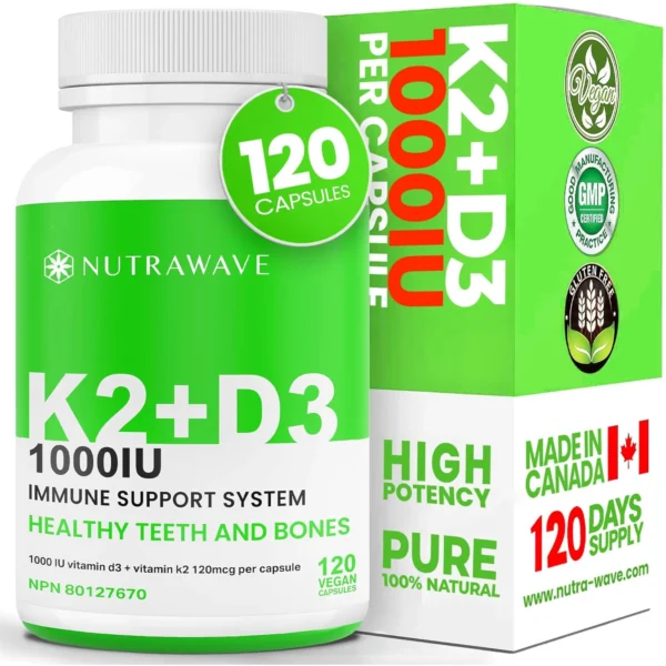Nutrawave Vitamin D3 + K2 (1000 IU / 120 mcg MK7) – Bone, Teeth & Immune Support, High-Absorption Formula, 120 Vegan Capsules, Non-GMO, Gluten-Free, Made in Canada