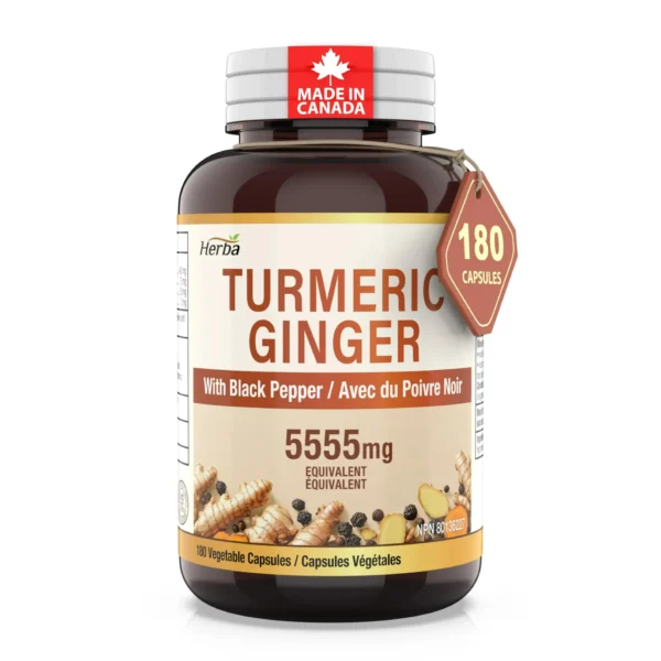 Herba Turmeric Supplements for Inflammation with Black Pepper and Ginger – 180 Capsules | 5,555mg Equiv. with 95% Curcuminoids | Made in Canada