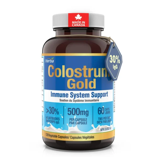Herba Bovine Colostrum Supplements 500mg – 120 Capsules | 30% IgG – Premium Grade Colostrum Capsules | Made in Canada