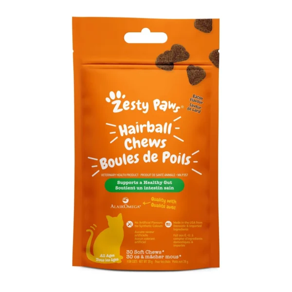 Zesty Paws Hairball Chews Bacon Flavour Digestive Supplement Soft Chews Cat Supplement, 30 soft chews